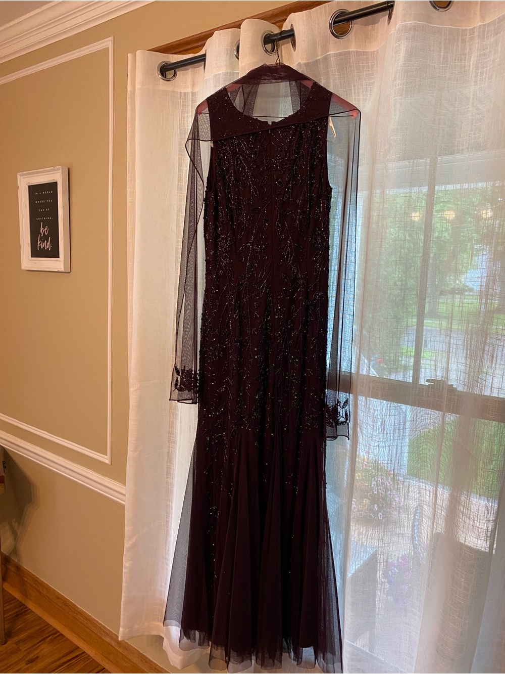 Elegant Beaded Long-Sleeve Evening Dress in Deep Burgundy